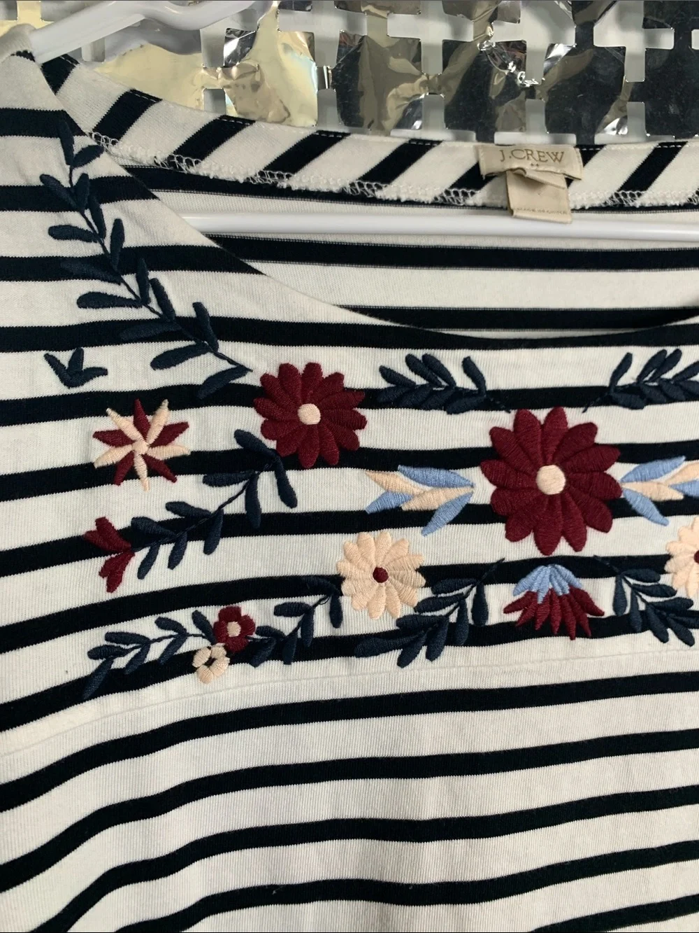 J.Crew Navy and White Striped Tee with Floral Embroidery